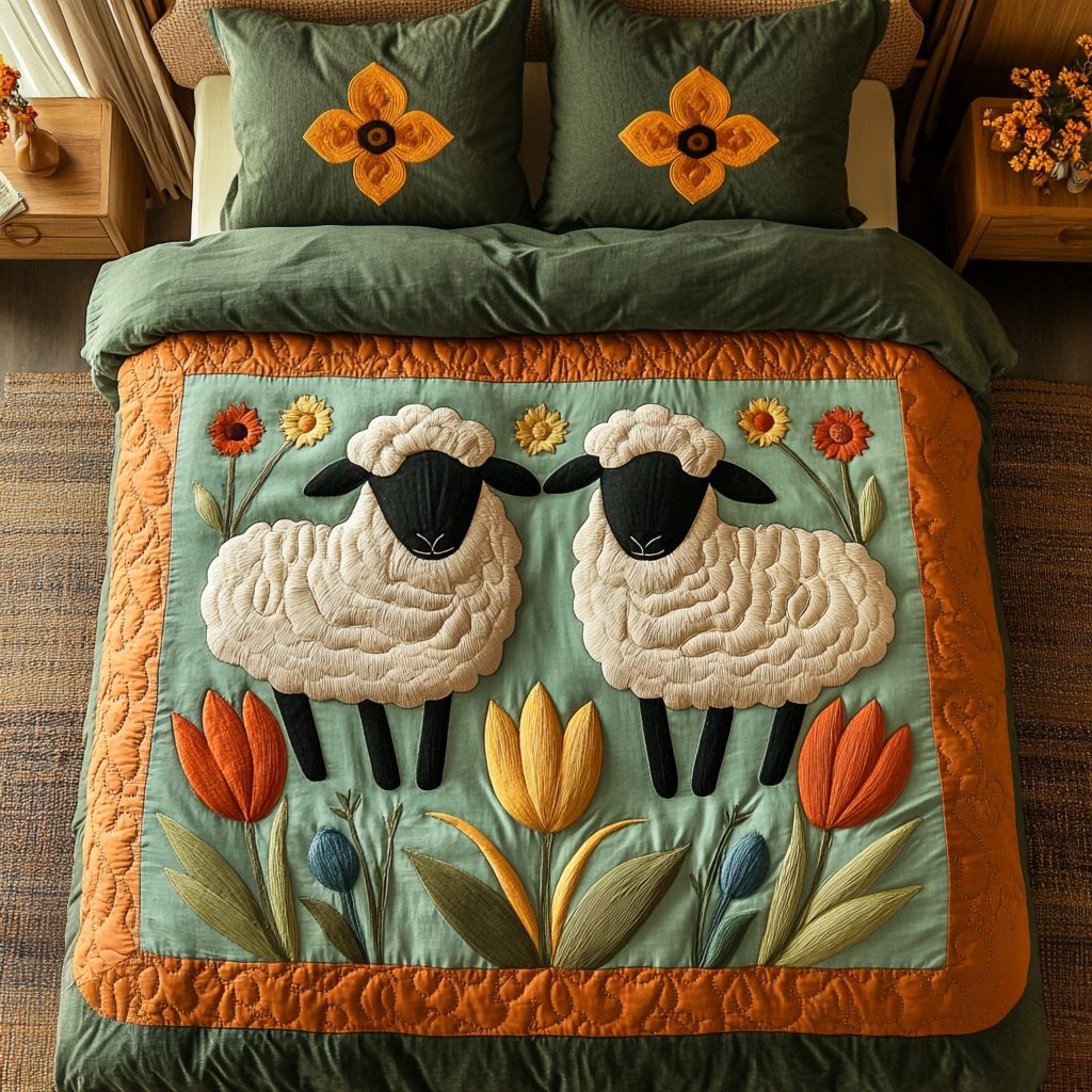 Floral Fleece quilted 3-piece bedding set on a made bed with two matching pillow shams