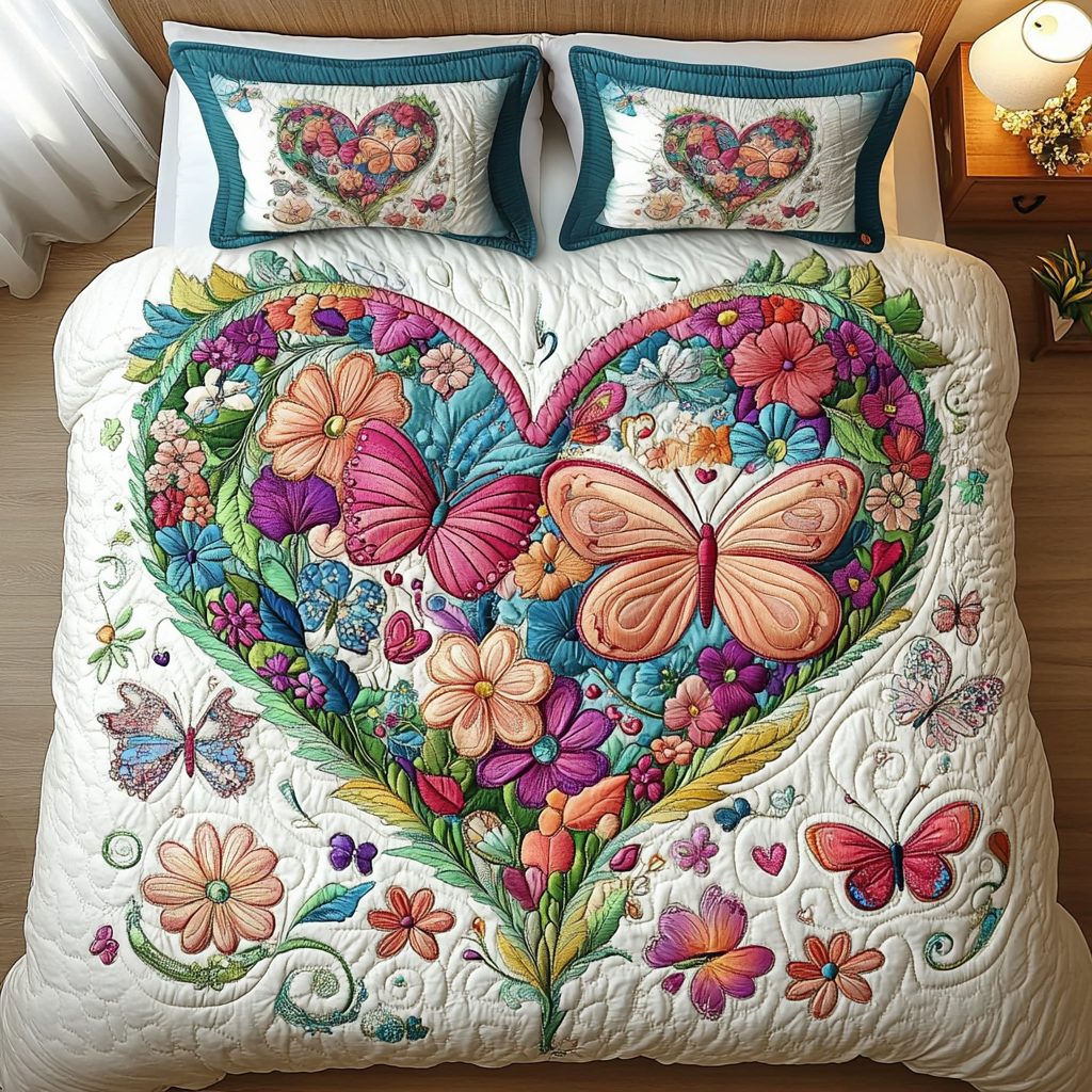 Floral Flight quilted 3-piece bedding set on a made bed with two matching pillow shams