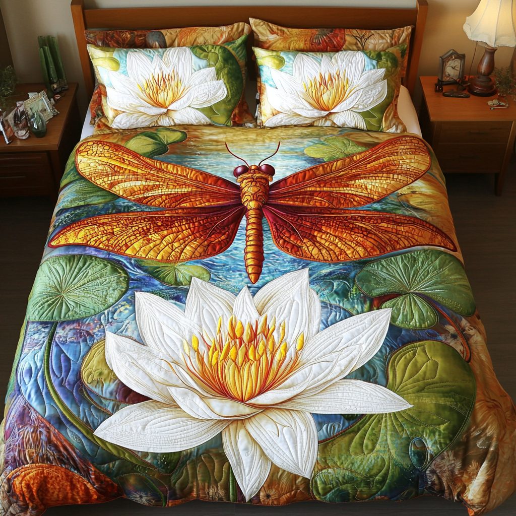 Floral Flight quilted 3-piece bedding set on a made bed with two matching pillow shams