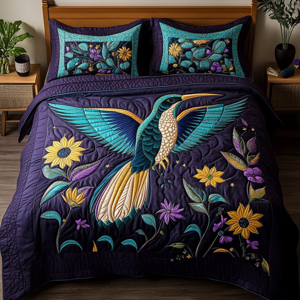 Floral Flight quilted 3-piece bedding set on a made bed with two matching pillow shams