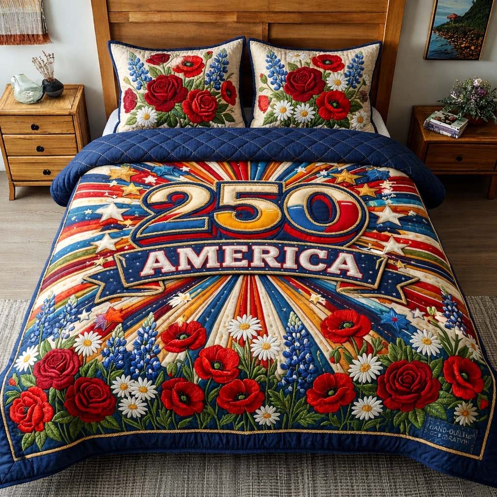 Floral Freedom quilted 3-piece bedding set on a made bed in a warmly lit bedroom