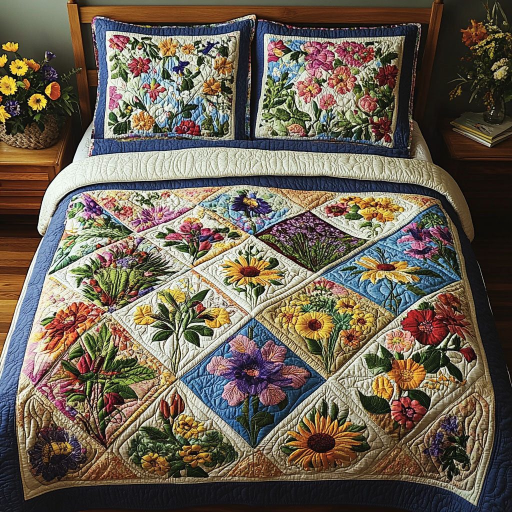 Floral Fusion quilted 3-piece bedding set on a made bed with two matching pillow shams