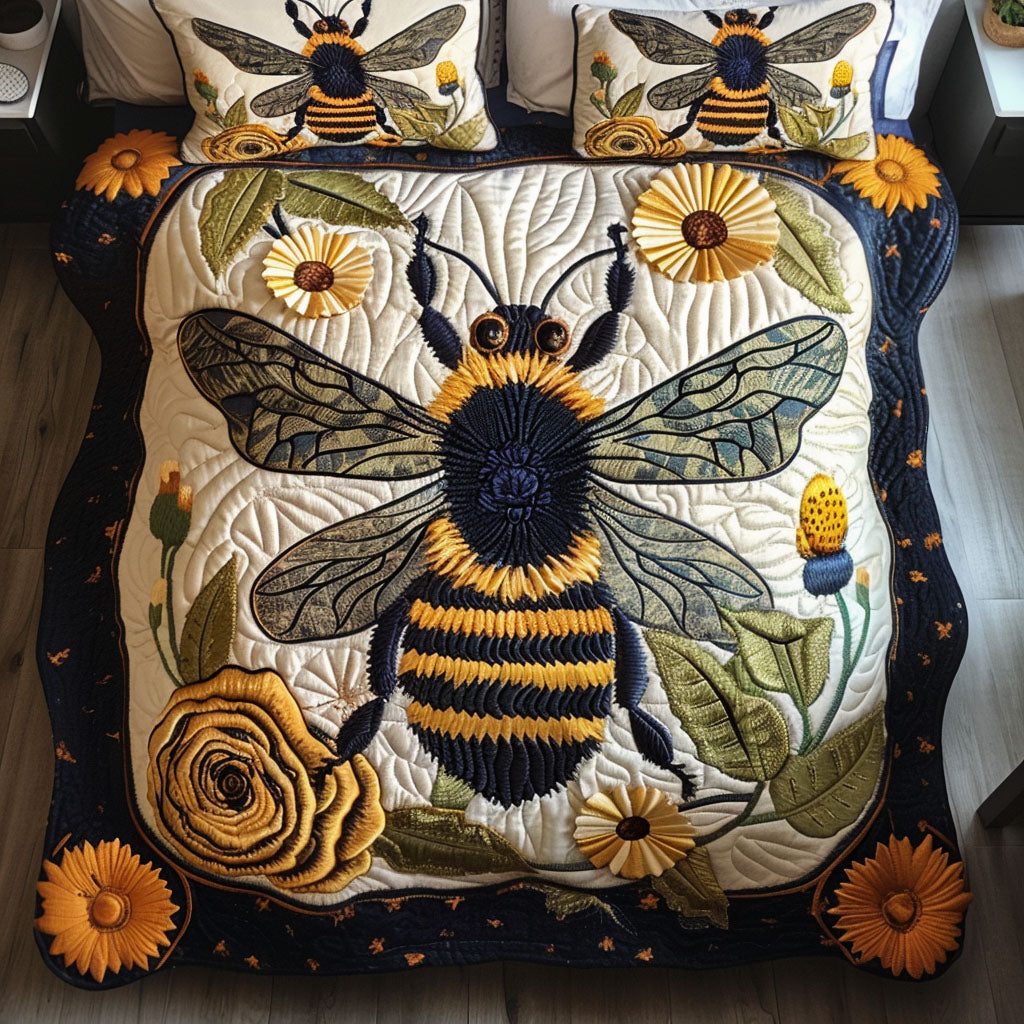 Floral Guardian quilted 3-piece bedding set on a made bed with two matching pillow shams