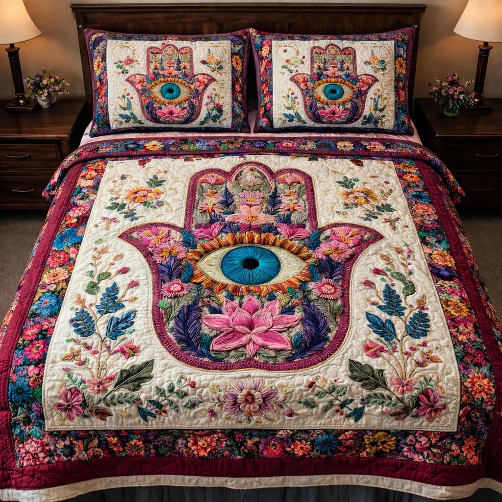 Floral Hamsa Harmony quilted 3-piece bedding set on a made bed with two matching pillow shams