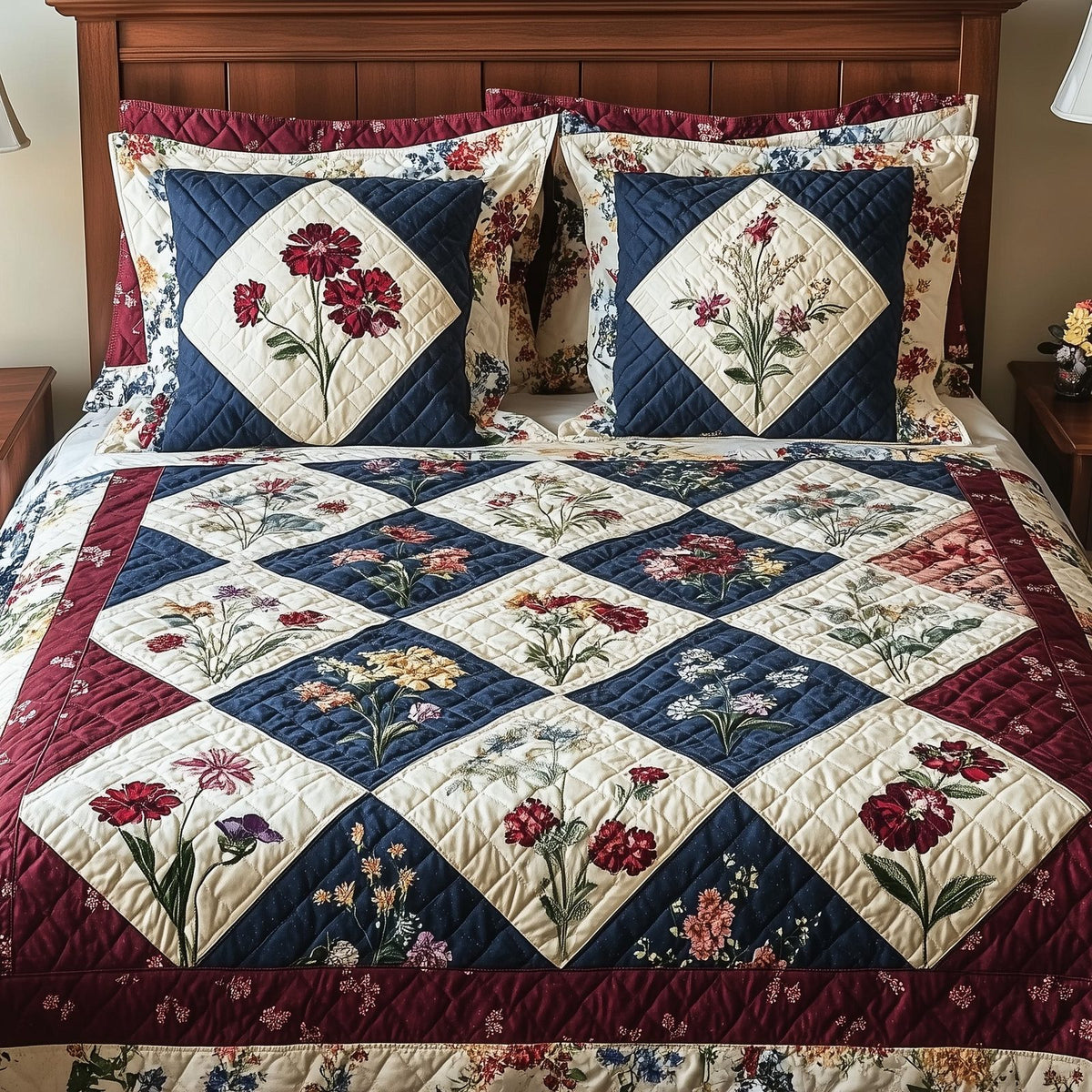 Floral Harmony Patchwork quilted 3-piece bedding set on a made bed in a farmhouse bedroom
