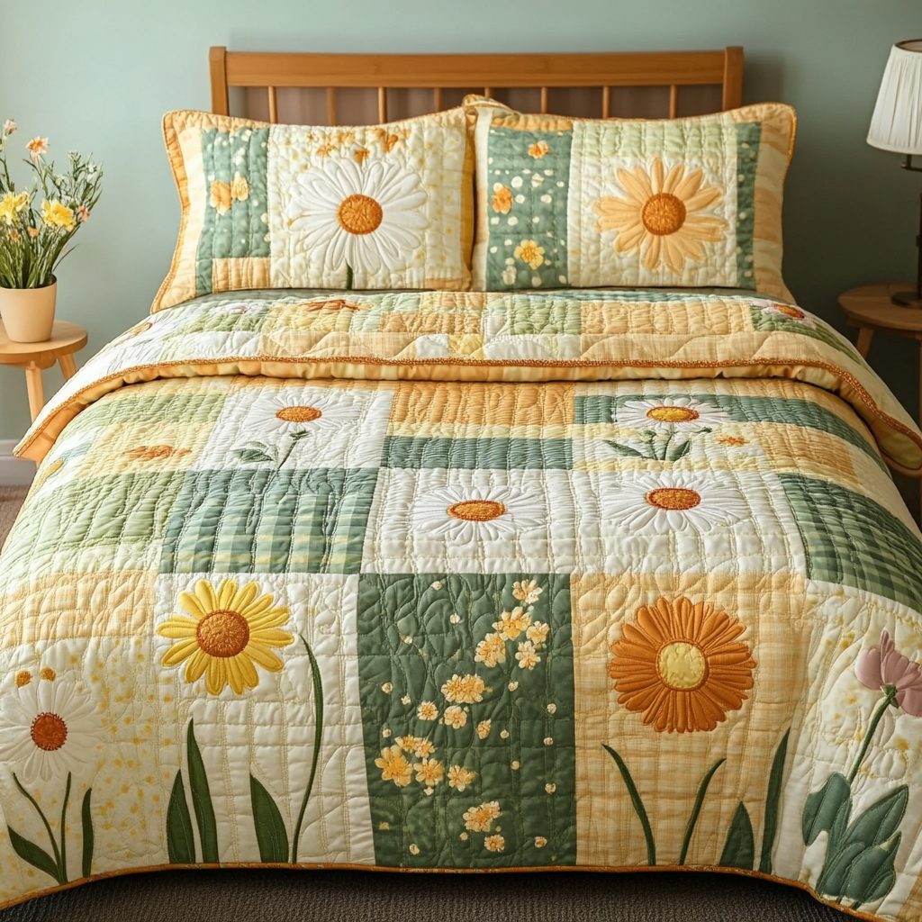 Floral Harmony quilted 3-piece bedding set on a made bed with two matching pillow shams