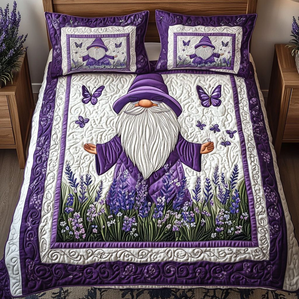 Floral Haven Gnome quilted 3-piece bedding set on a made bed in a winter-styled bedroom