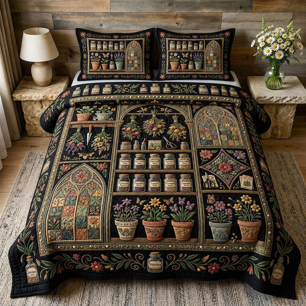 Floral Haven quilted 3-piece bedding set on a made bed with two matching pillow shams
