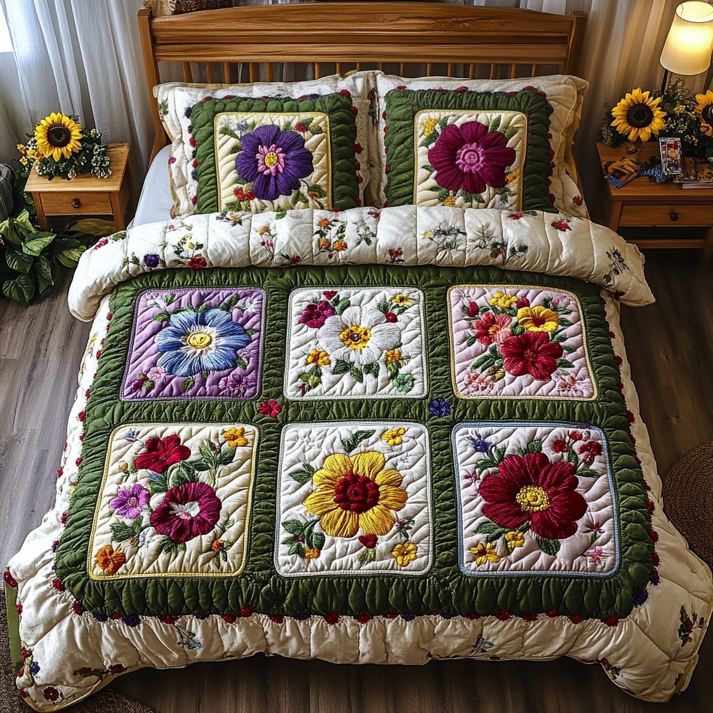 Floral Haven quilted 3-piece bedding set on a made bed with two matching pillow shams