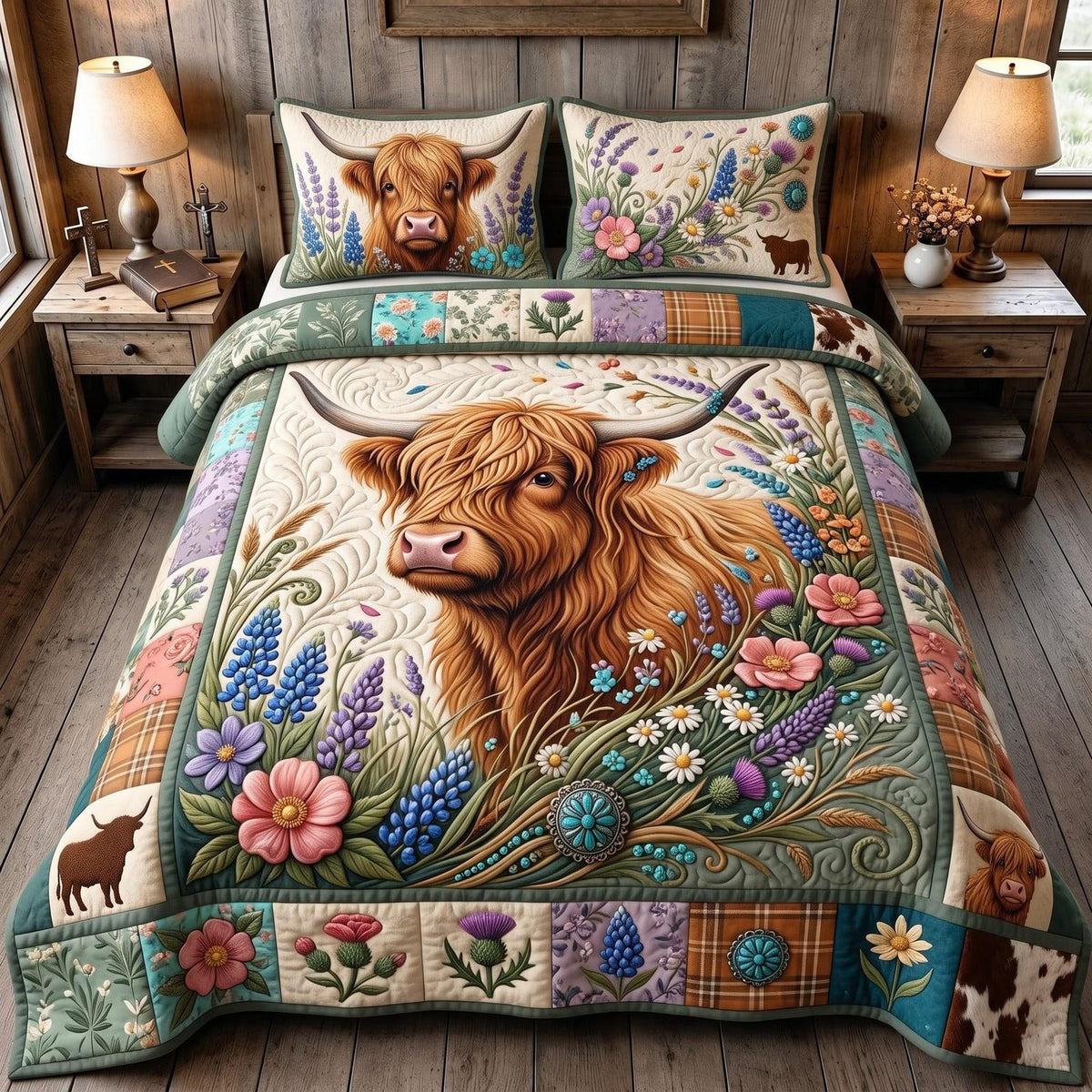 Floral Highland quilted 3-piece bedding set on a made bed with two matching pillow shams