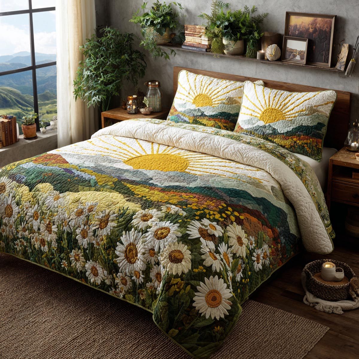 Floral Horizon quilted 3-piece bedding set on a made bed with two matching pillow shams