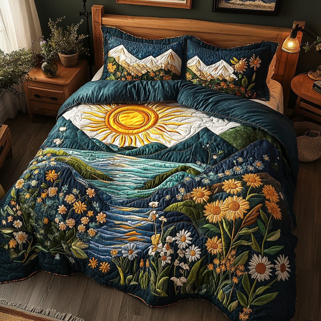 Floral Horizon quilted 3-piece bedding set on a made bed with two matching pillow shams