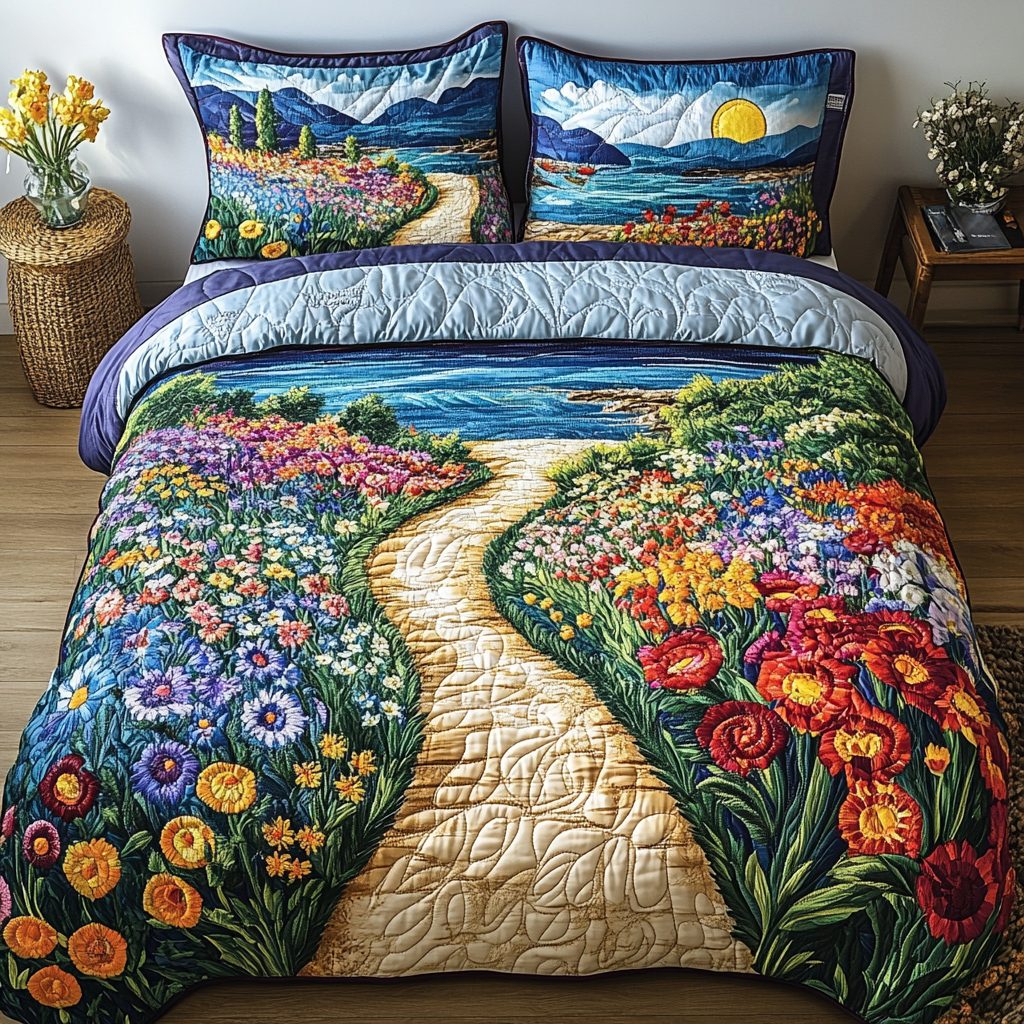 Floral Horizon quilted 3-piece bedding set on a made bed with two matching pillow shams