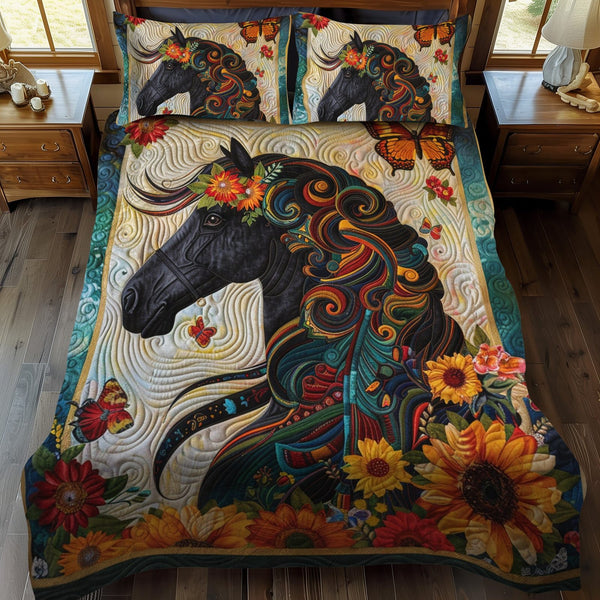 Floral Horse-Themed quilted 3-piece bedding set on a made bed in a rustic timber bedroom