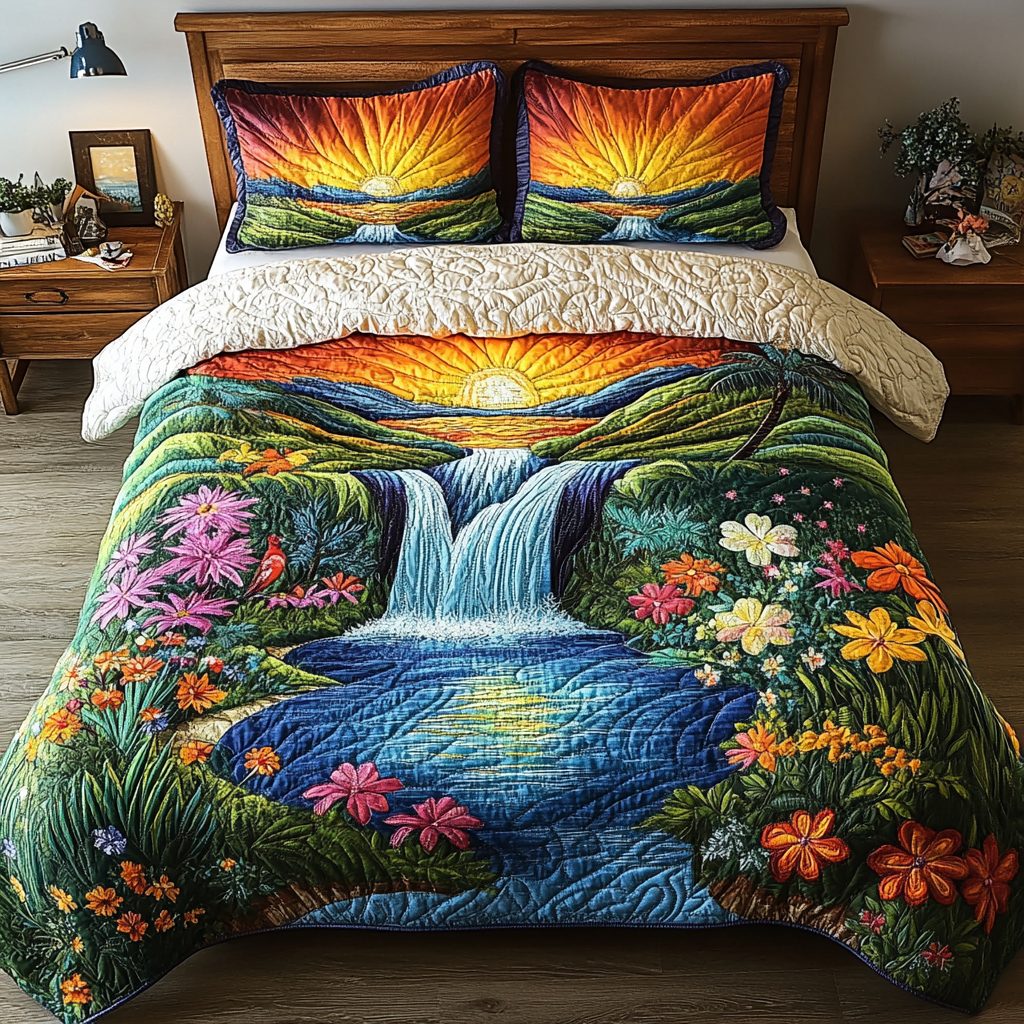 Floral Lagoon quilted 3-piece bedding set on a made bed in a light coastal bedroom