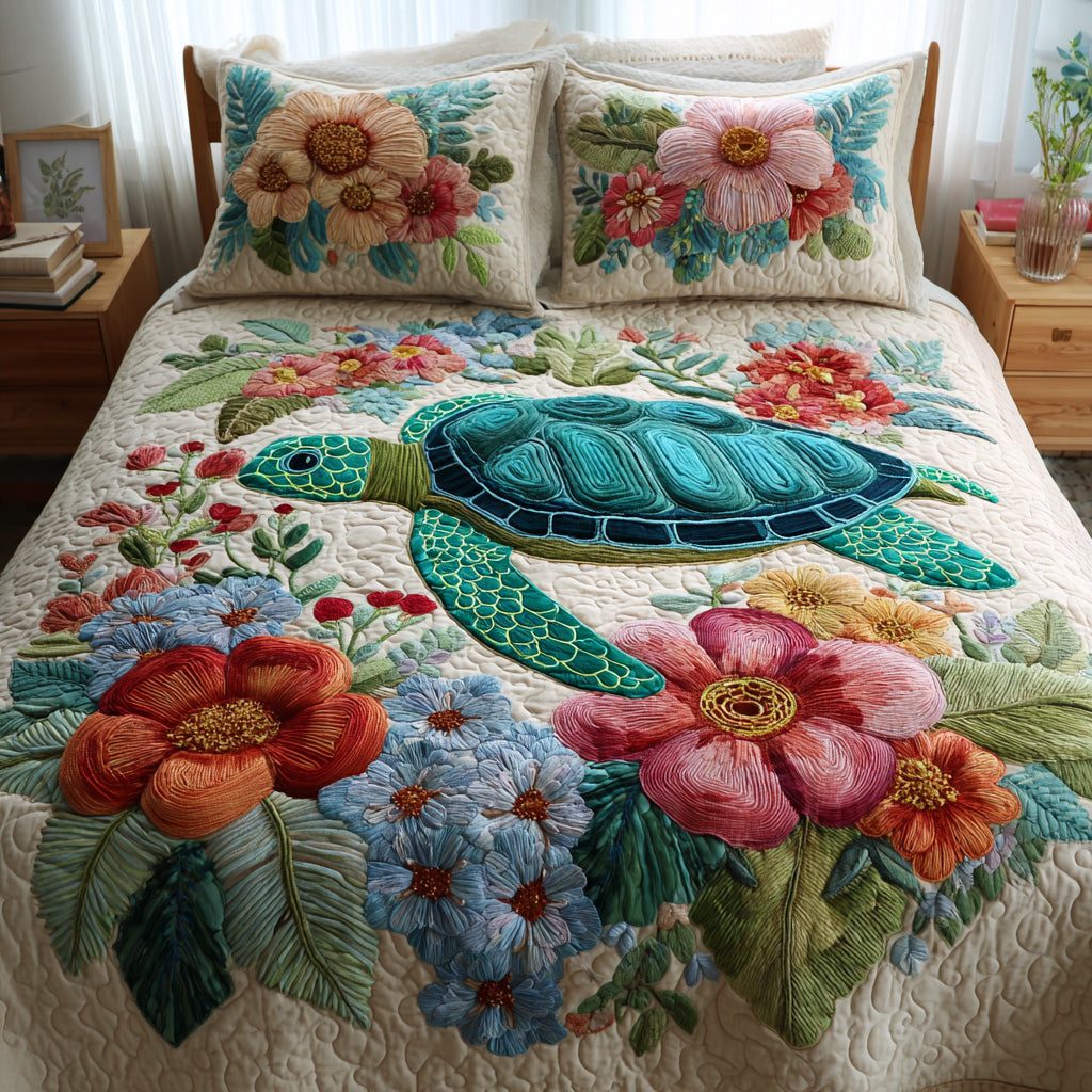 Floral Lagoon quilted 3-piece bedding set on a made bed in a light coastal bedroom