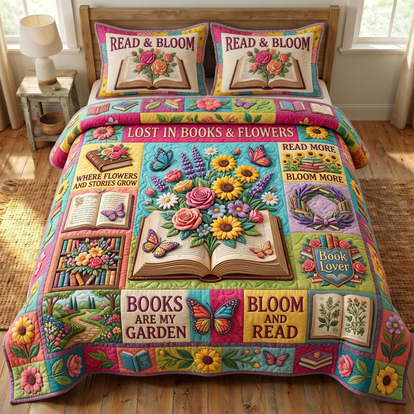 Floral Library quilted 3-piece bedding set on a made bed with two matching pillow shams