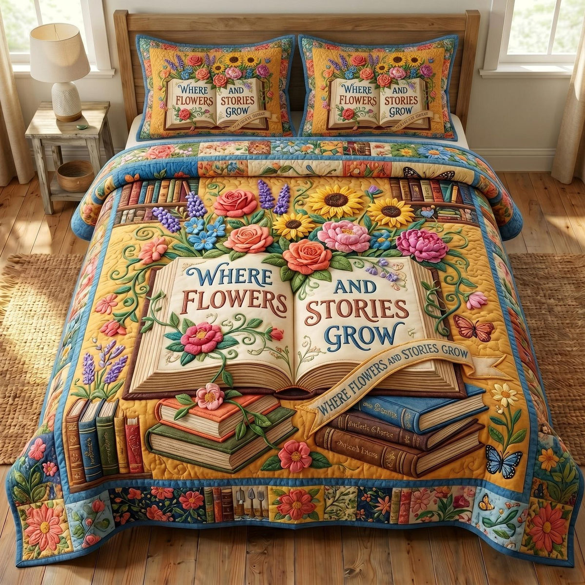 Floral Library quilted 3-piece bedding set on a made bed with two matching pillow shams