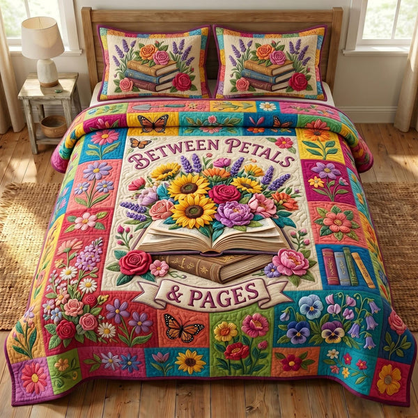 Floral Library quilted 3-piece bedding set on a made bed with two matching pillow shams