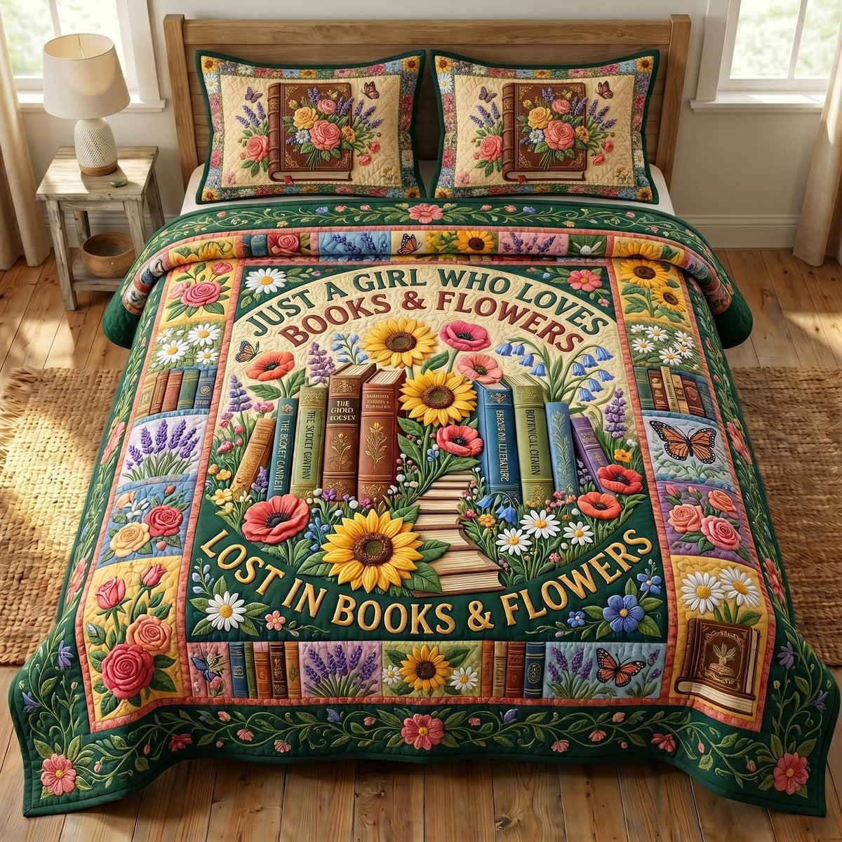 Floral Library quilted 3-piece bedding set on a made bed with two matching pillow shams