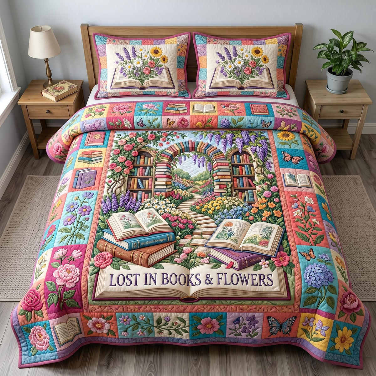 Floral Library quilted 3-piece bedding set on a made bed with two matching pillow shams