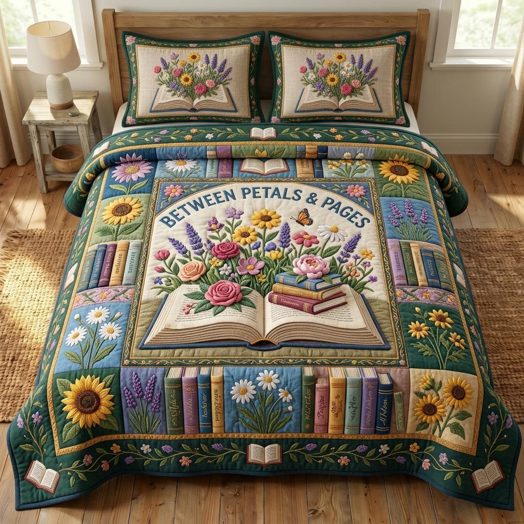 Floral Library quilted 3-piece bedding set on a made bed with two matching pillow shams