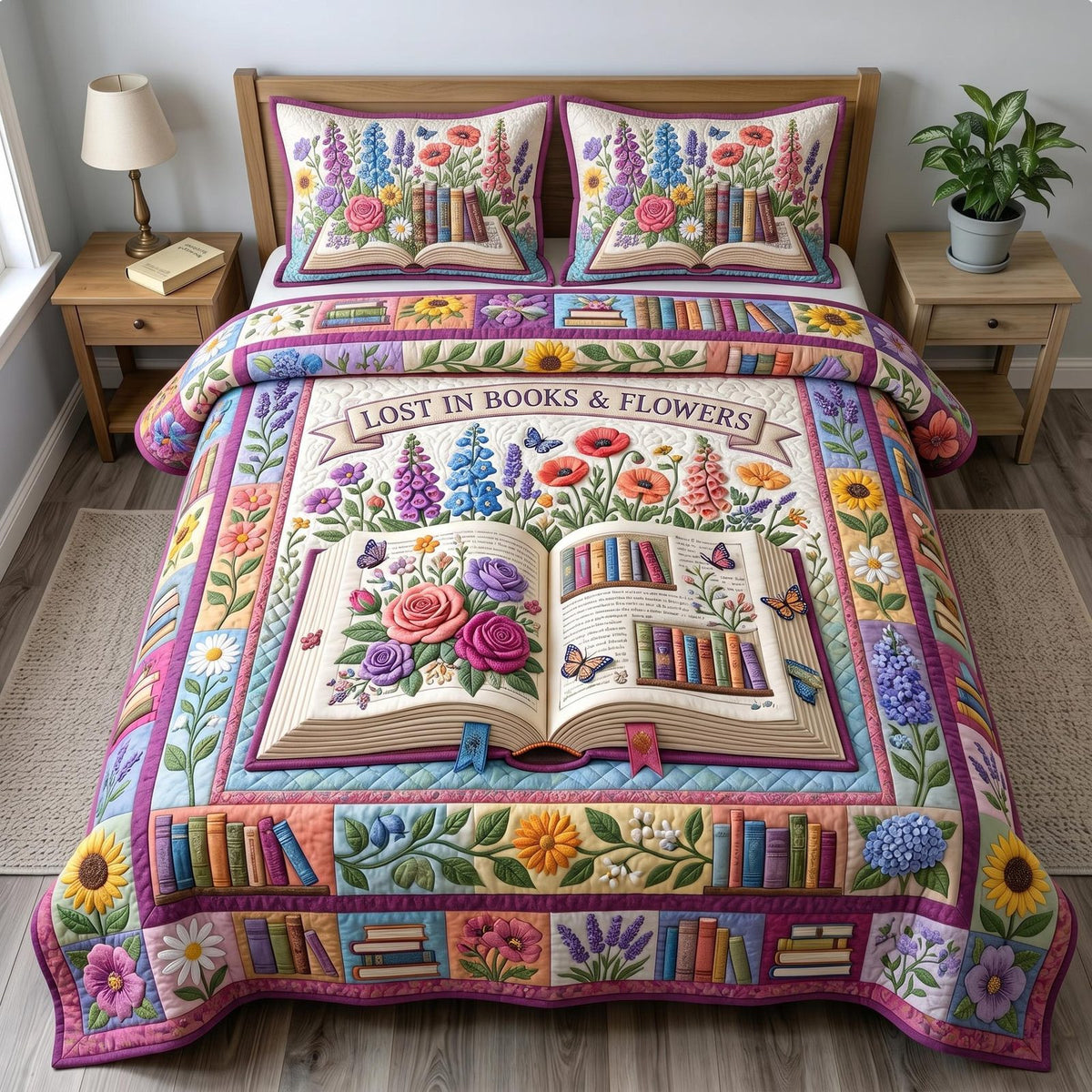 Floral Library quilted 3-piece bedding set on a made bed with two matching pillow shams
