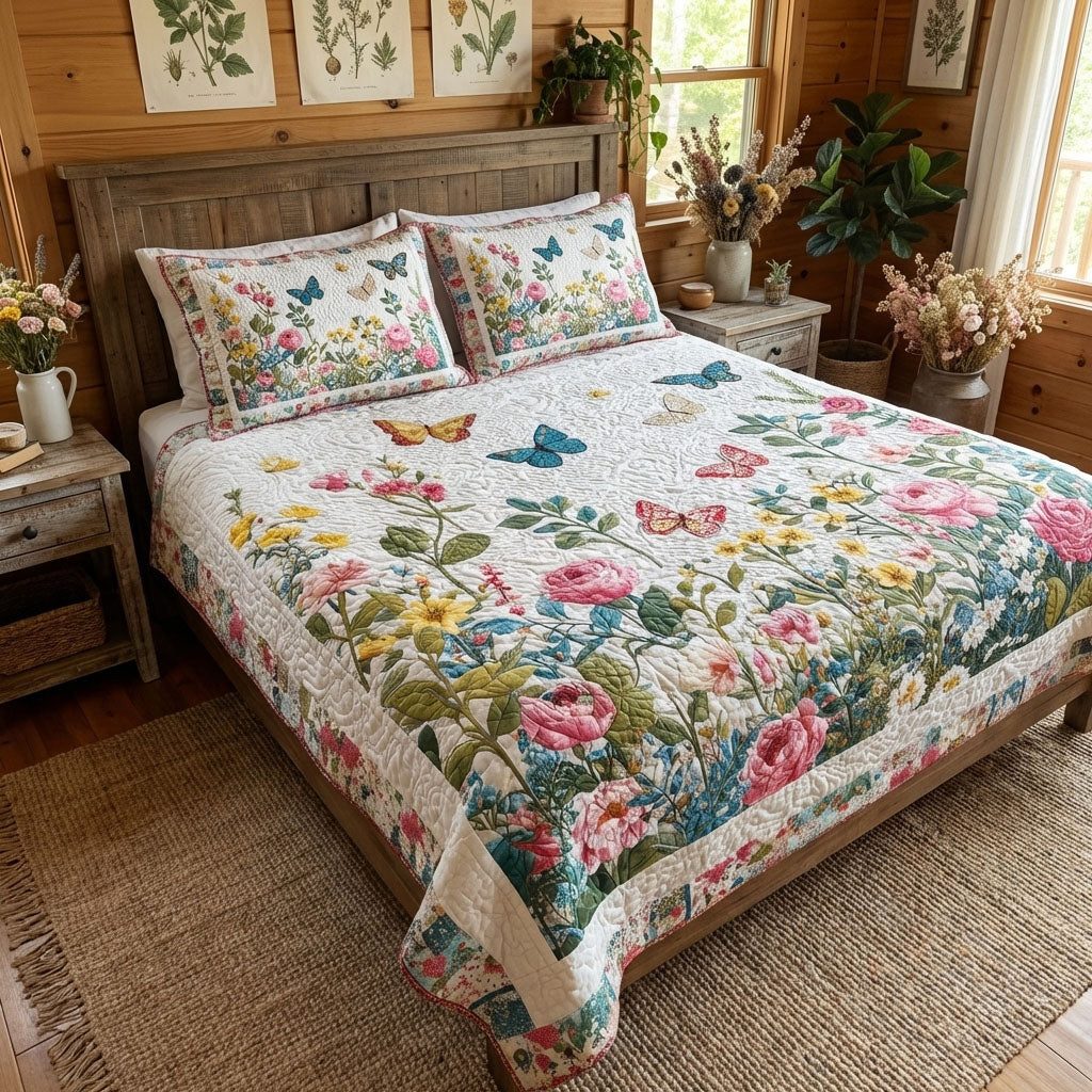 Floral Meadow Escape quilted 3-piece bedding set on a made bed with two matching pillow shams