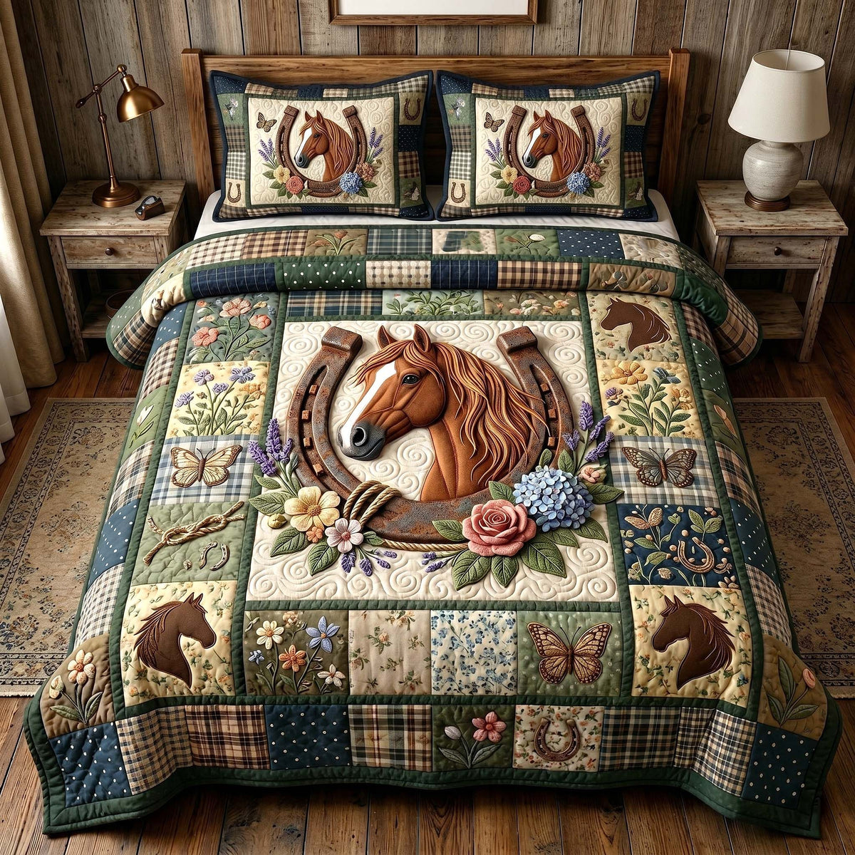 Floral Mustang quilted 3-piece bedding set on a made bed with two matching pillow shams