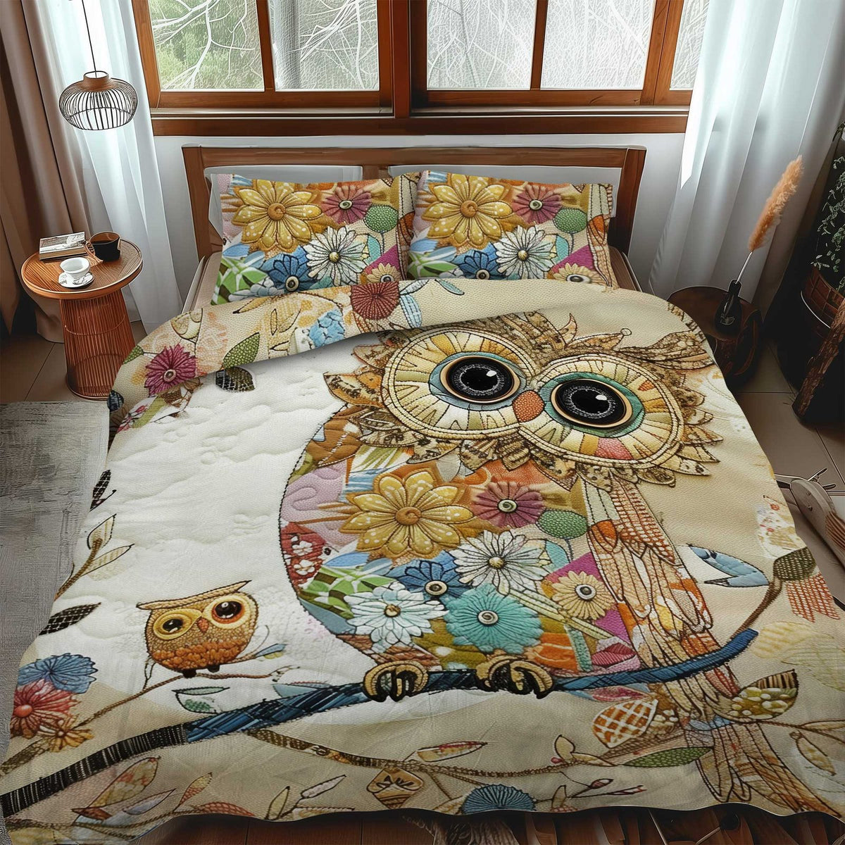Floral Owl Patchwork quilted 3-piece bedding set on a made bed in a farmhouse bedroom