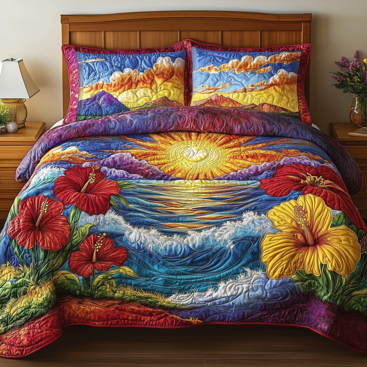 Floral Paradise quilted 3-piece bedding set on a made bed with two matching pillow shams