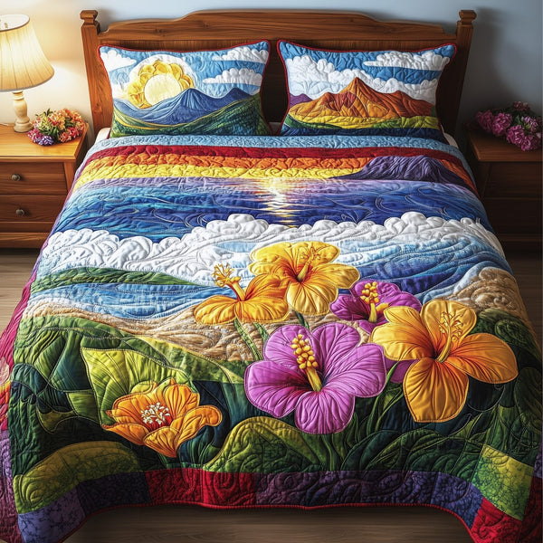 Floral Paradise quilted 3-piece bedding set on a made bed with two matching pillow shams
