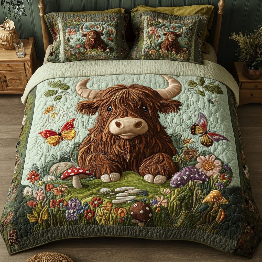 Floral Paradise quilted 3-piece bedding set on a made bed with two matching pillow shams