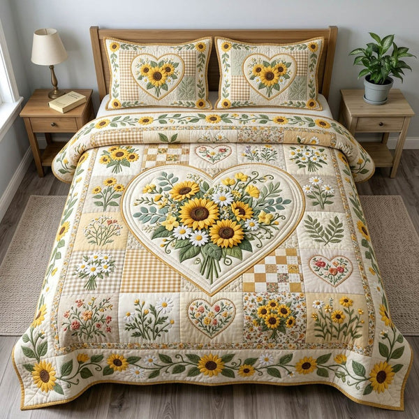Floral Patchwork quilted 3-piece bedding set on a made bed in a farmhouse bedroom