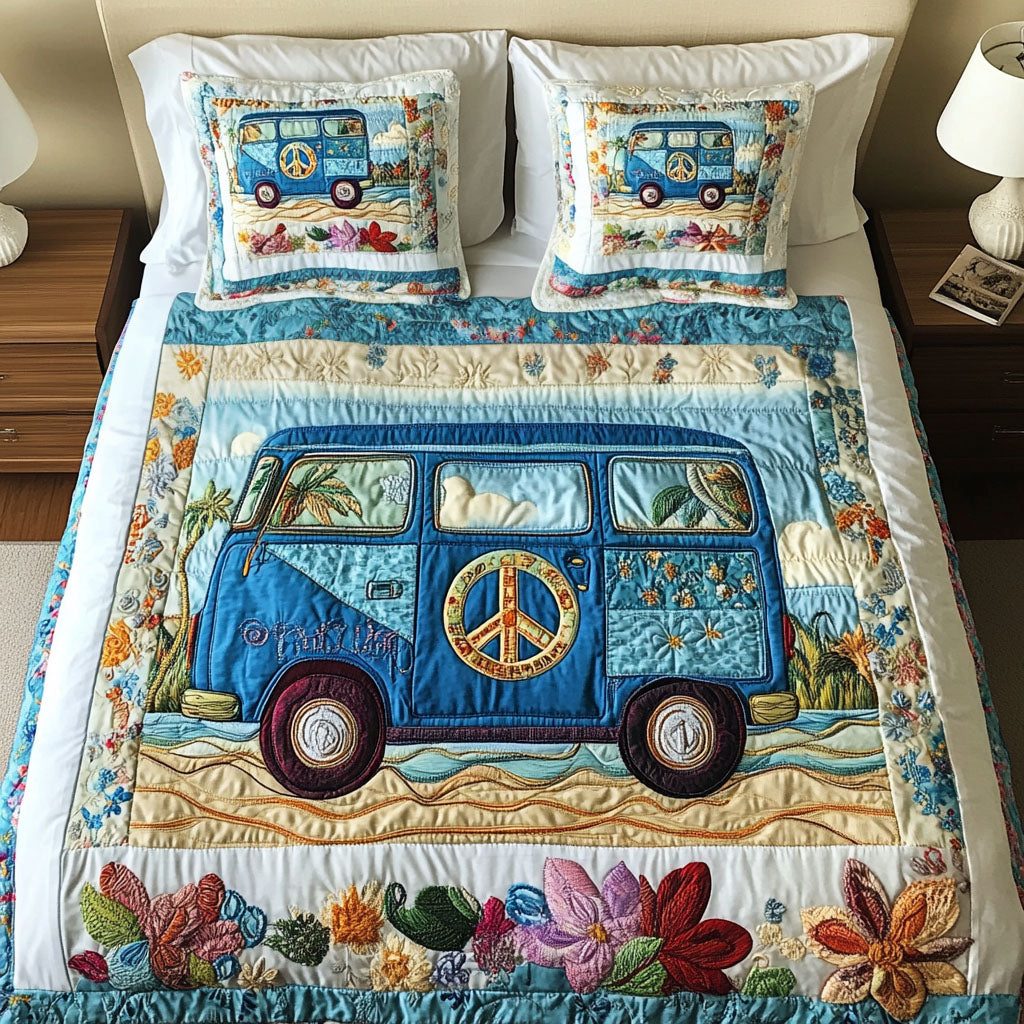 Floral Peace Van quilted 3-piece bedding set on a made bed with two matching pillow shams