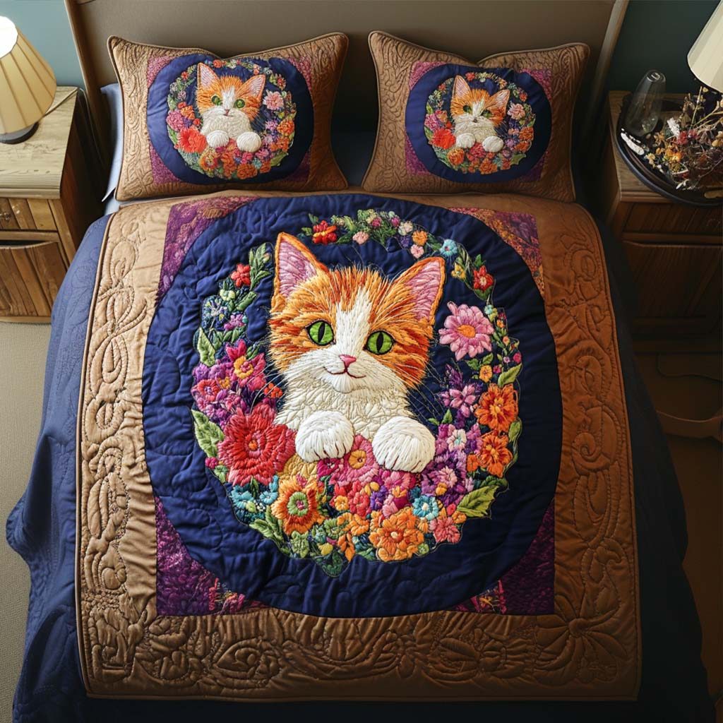 Floral Peek quilted 3-piece bedding set on a made bed with two matching pillow shams