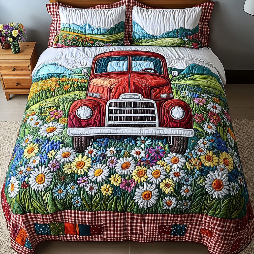 Floral Pickup quilted 3-piece bedding set on a made bed with two matching pillow shams