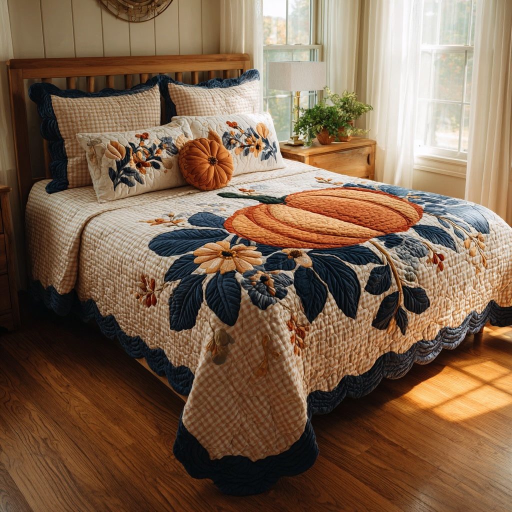 Floral Pumpkin quilted 3-piece bedding set on a made bed against a dark styled interior