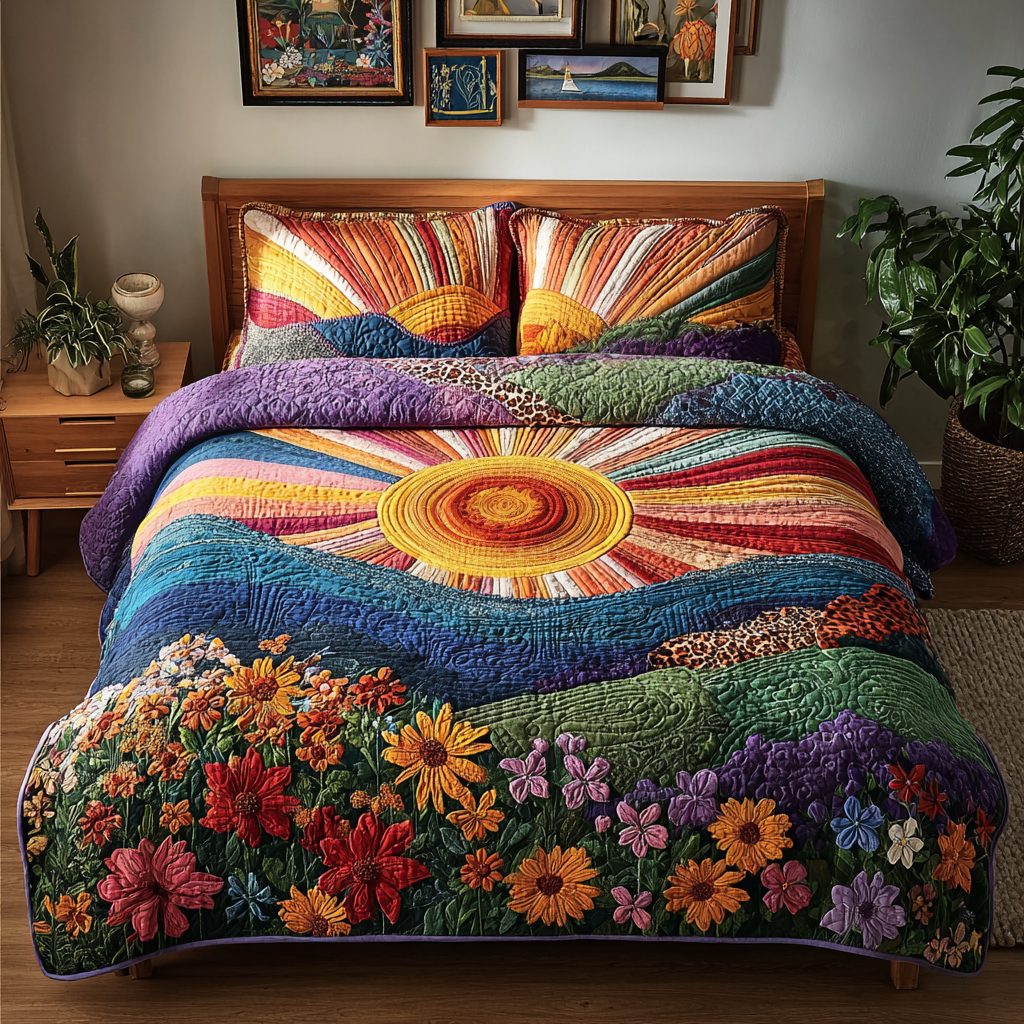 Floral Radiance quilted 3-piece bedding set on a made bed with two matching pillow shams