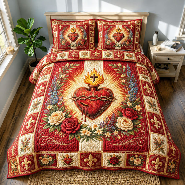 Floral Sacred Heart Crimson quilted 3-piece bedding set on a made bed in a softly lit bedroom