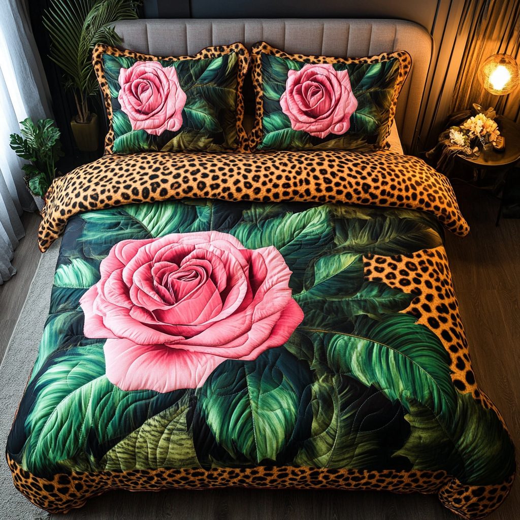Floral Safari quilted 3-piece bedding set on a made bed with two matching pillow shams