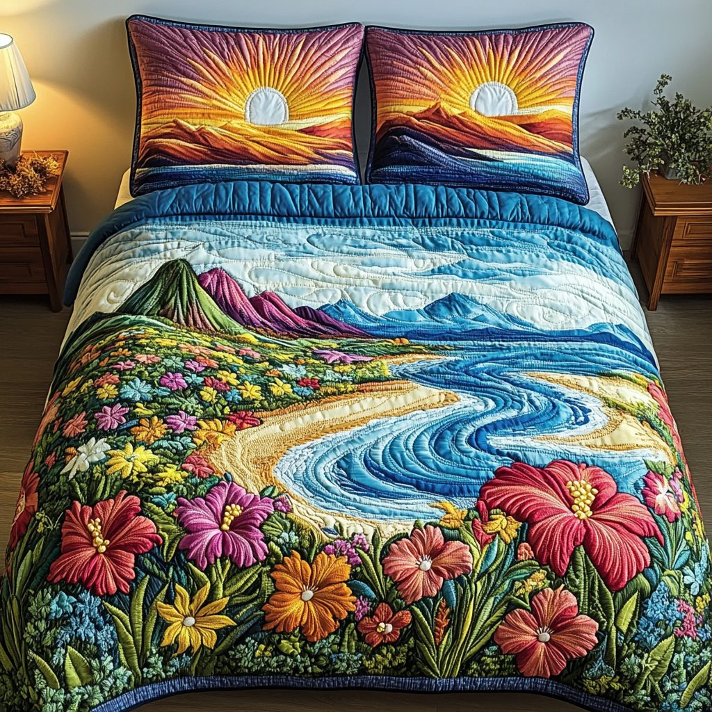 Floral Serenity quilted 3-piece bedding set on a made bed with two matching pillow shams