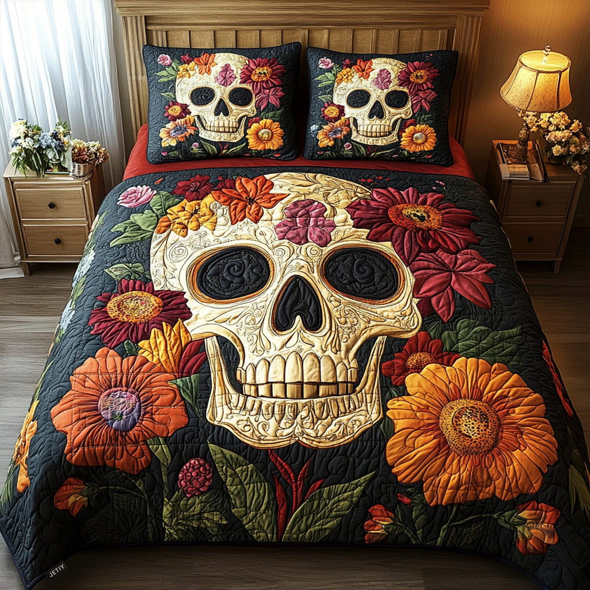 Floral Skull Charm quilted 3-piece bedding set on a made bed against a dark styled interior