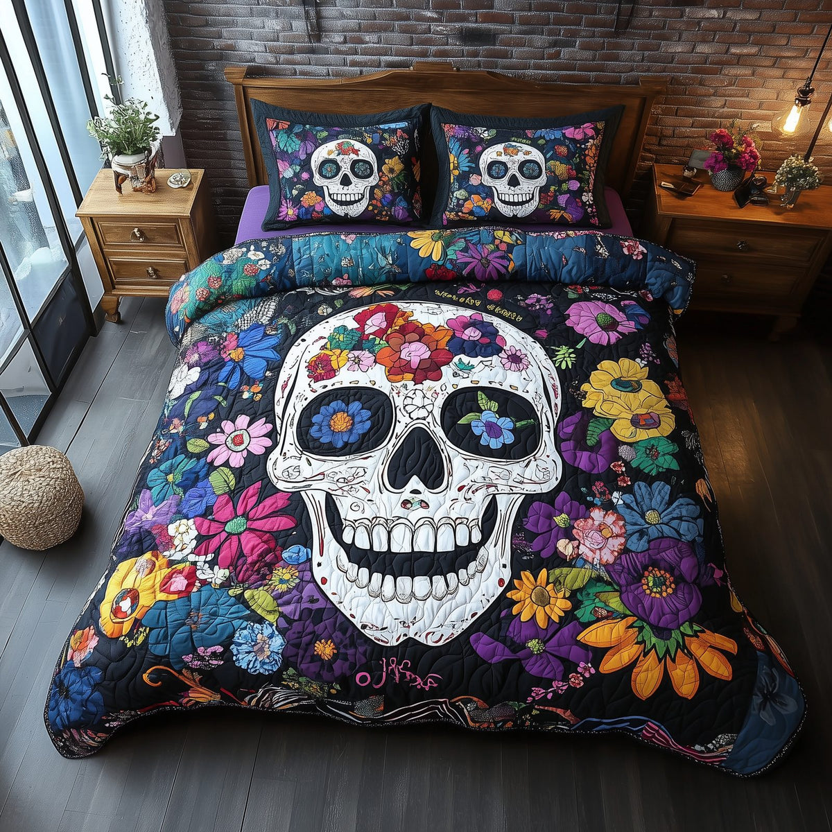 Floral Skull quilted 3-piece bedding set on a made bed against a dark styled interior