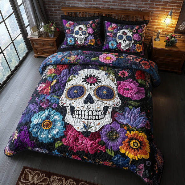 Floral Skull quilted 3-piece bedding set on a made bed against a dark styled interior