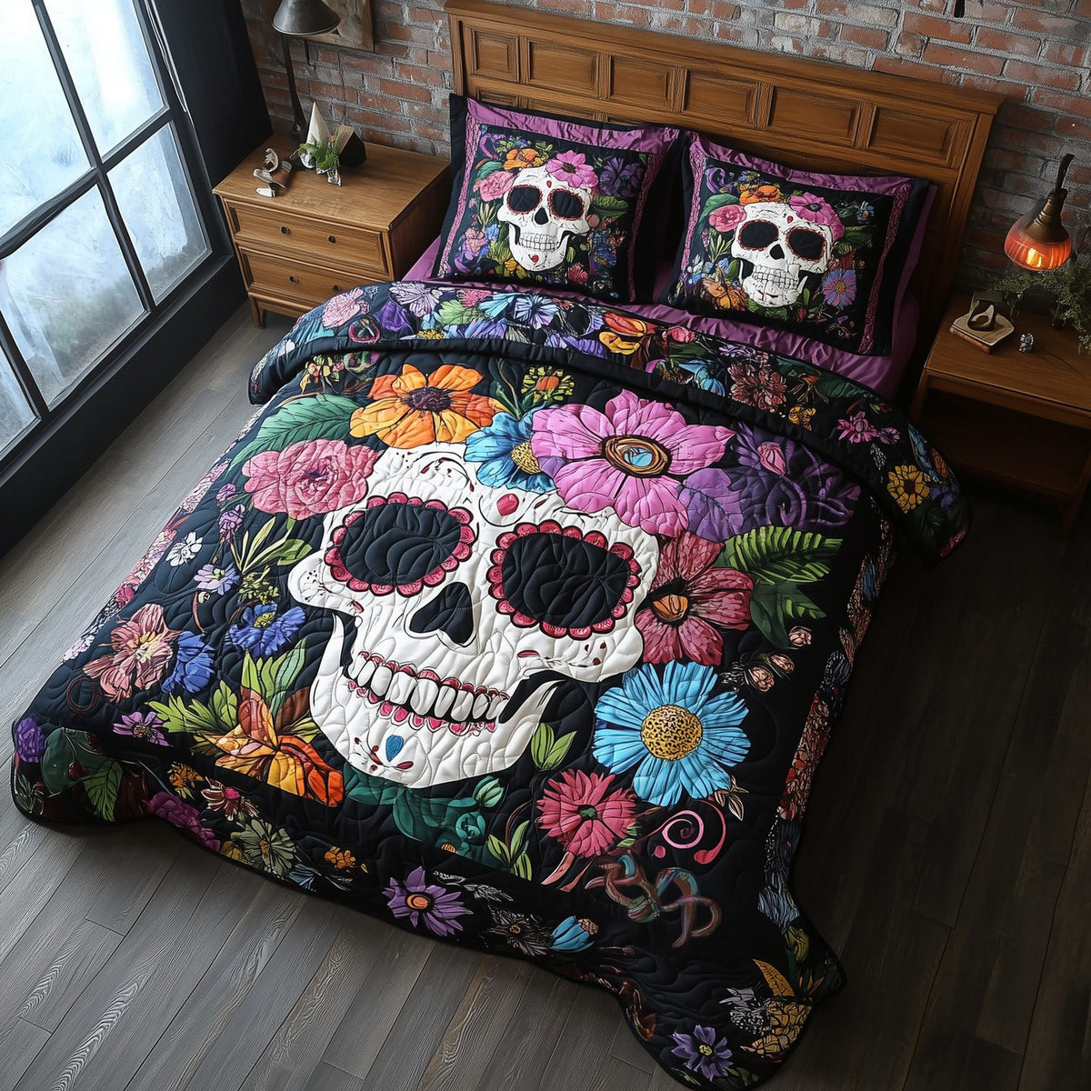 Floral Skull quilted 3-piece bedding set on a made bed against a dark styled interior