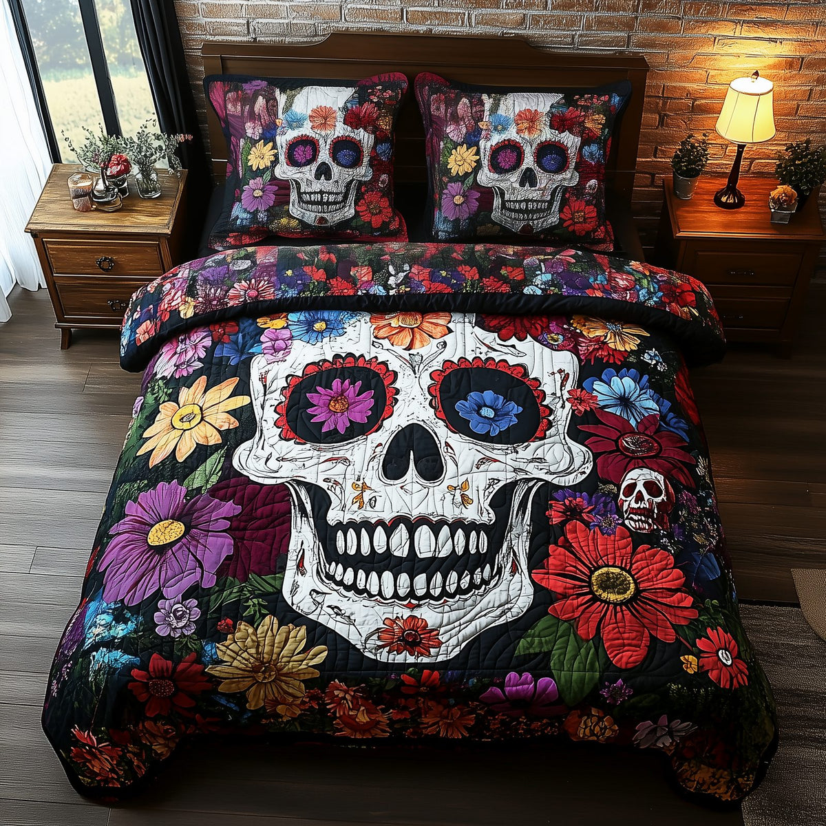 Floral Skull quilted 3-piece bedding set on a made bed against a dark styled interior