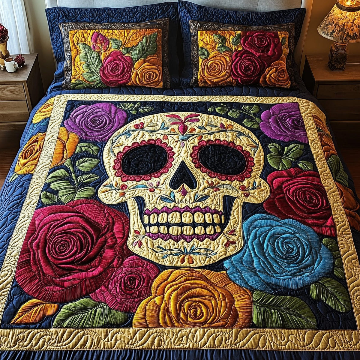 Floral Skull quilted 3-piece bedding set on a made bed against a dark styled interior