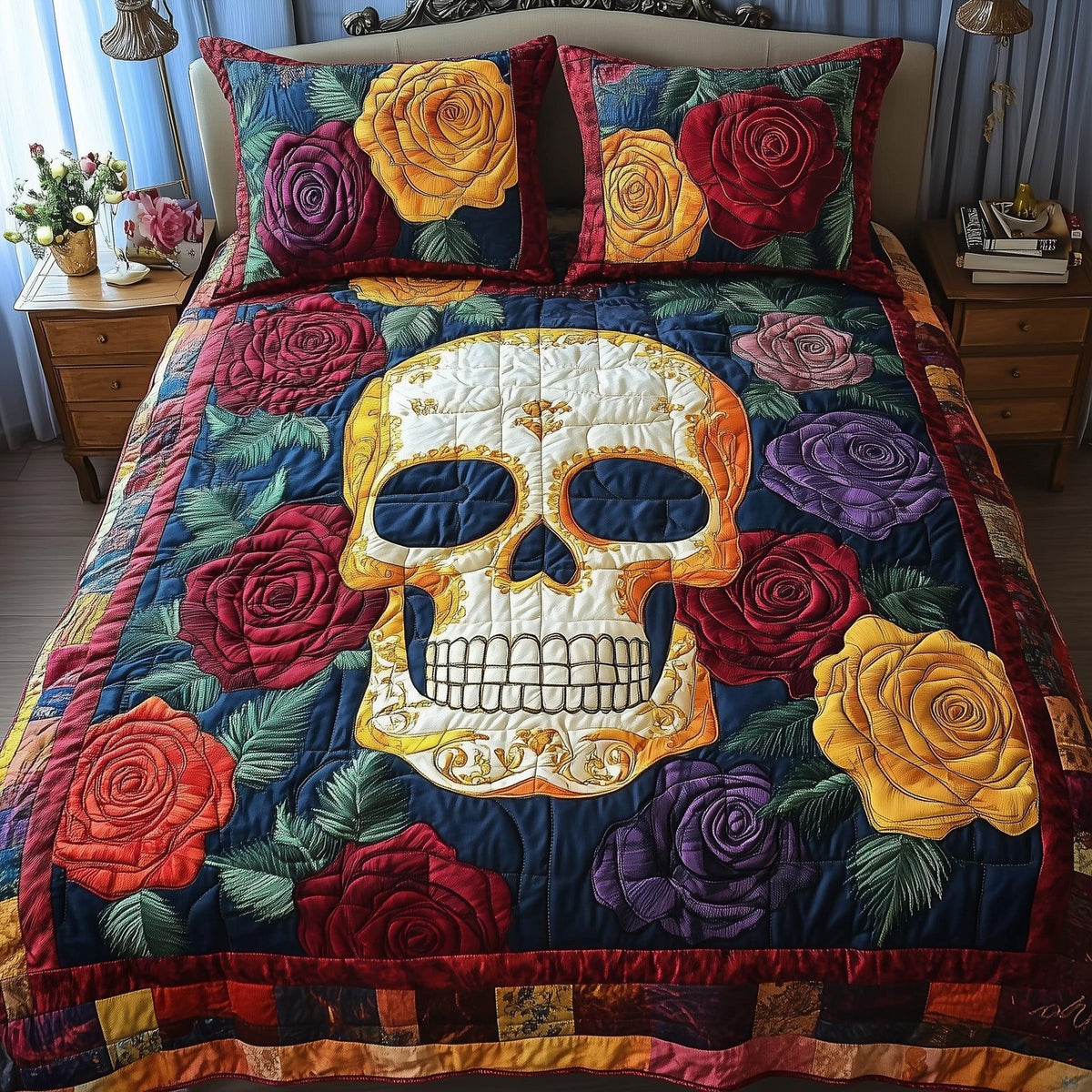 Floral Skull quilted 3-piece bedding set on a made bed against a dark styled interior