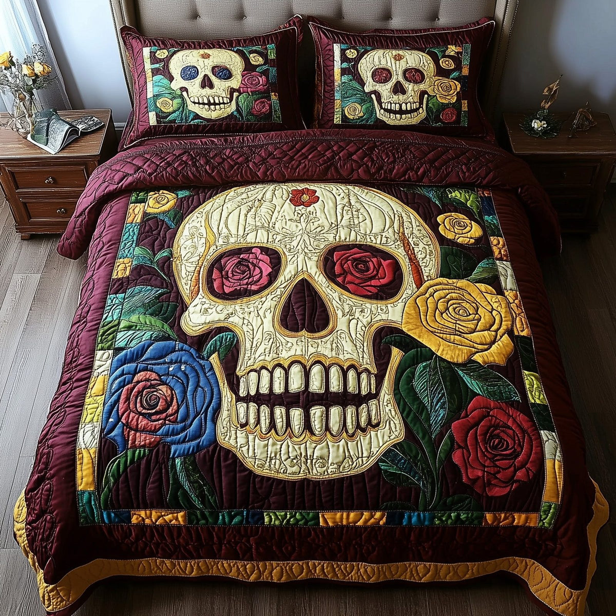 Floral Skull quilted 3-piece bedding set on a made bed against a dark styled interior